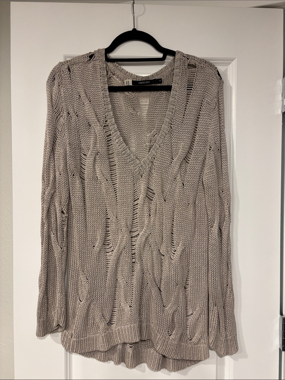 Kimberly Ovitz Cable Knit Unique Woven V-Neck Sweater - Light Taupe